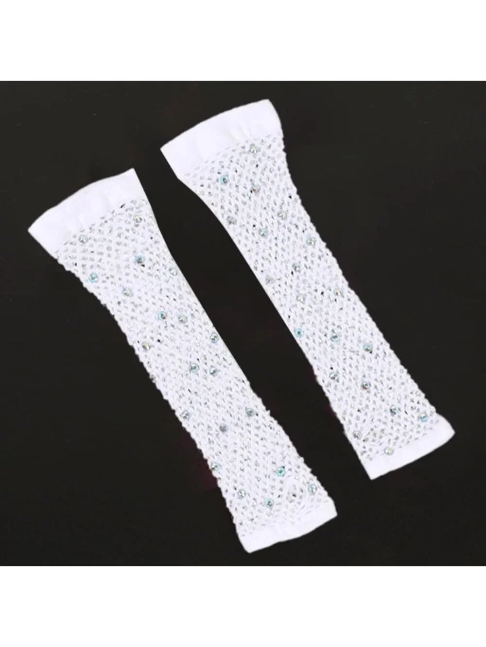 Women's White Long Fishnet Fingerless Gloves Nylon Rhinestone 80s Party Cosplay